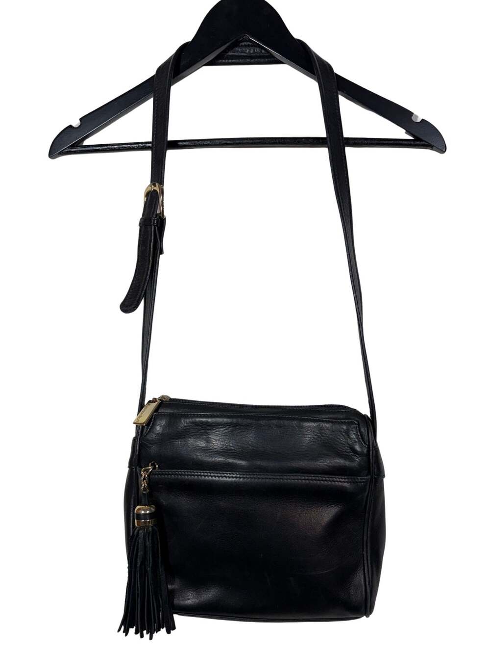 TIGNANELLO Black Leather Crossbody Bag Tassel Shoulder Handbag Vintage 80s 90s
